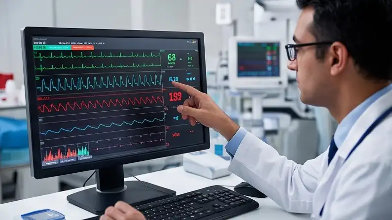 Cardiologist monitoring arrhythmia and ICD device data on digital ECG monitors in Star Hospital Varanasi