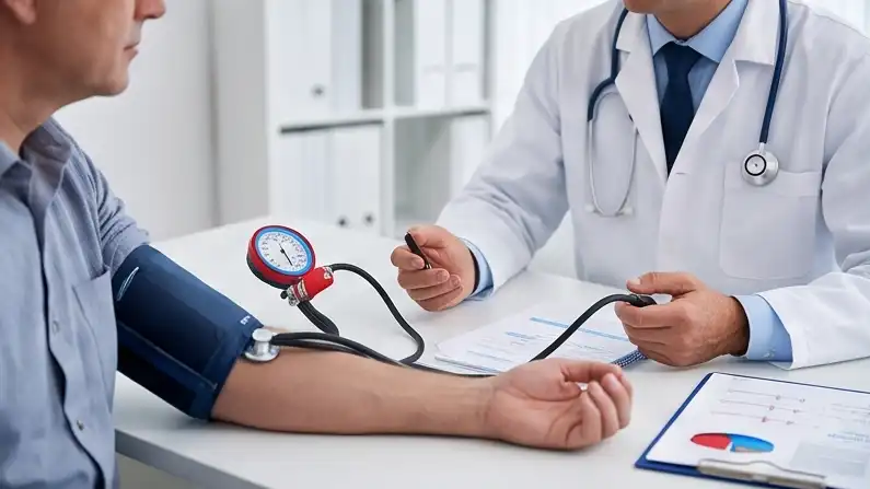 Doctor measuring blood pressure BP for heart failure and hypertension patient in Star Hospital Varanasi