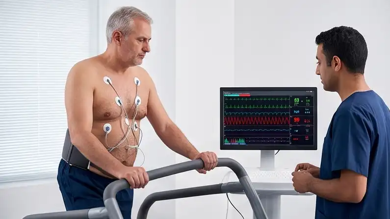 Patient undergoing treadmill stress test TMT with ECG monitoring at Star Hospital Akhri Bypass Varanasi