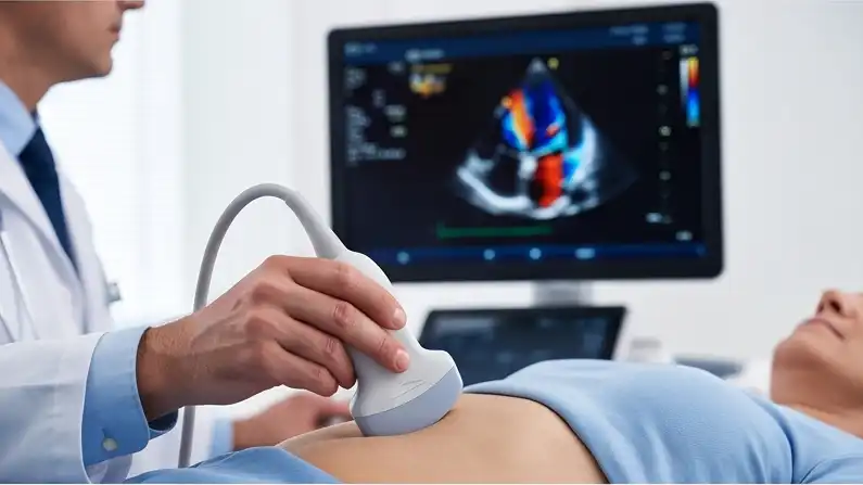 Doctor performing 2D echocardiography Echo for valvular heart disease at Star Hospital Varanasi