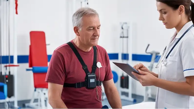Cardiac rehabilitation and recovery patient wearing Holter ECG with nurse at Star Hospital Varanasi