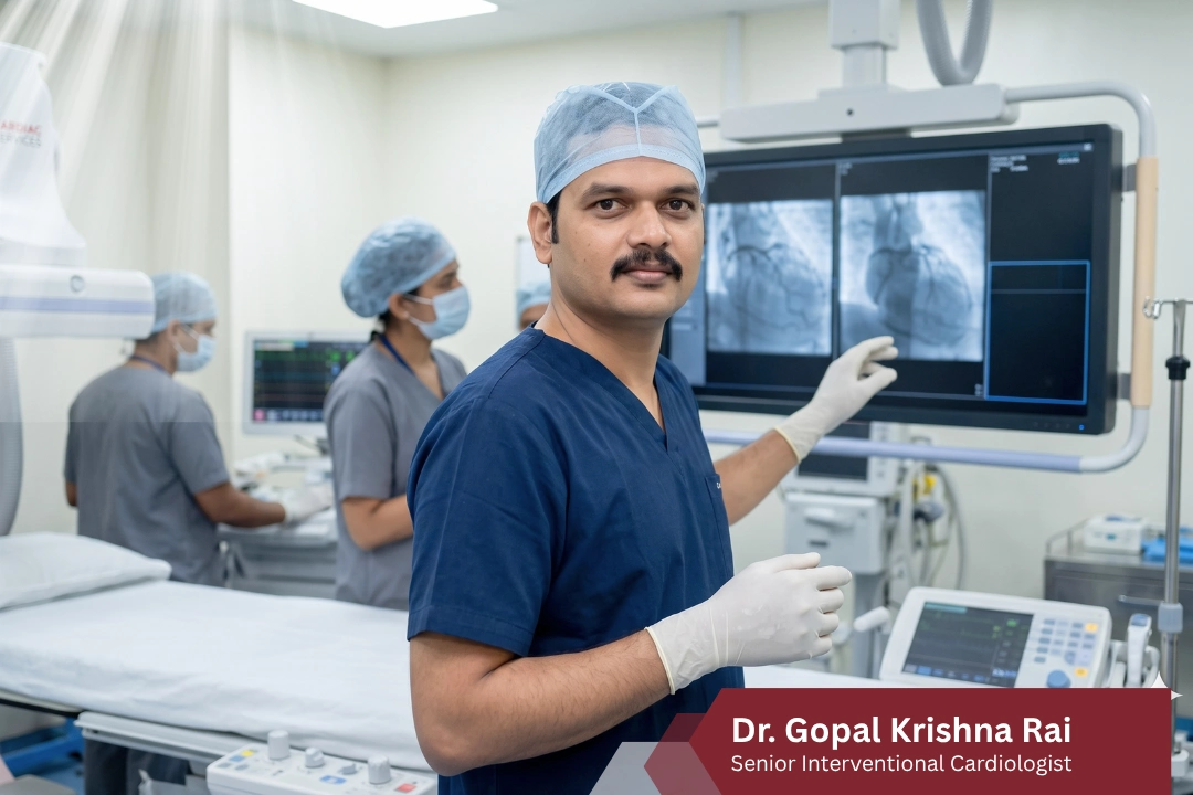 Dr Gopal Krishna Rai Best Cardiologist in Varanasi performing cardiac angioplasty in Cath Lab at Star Hospital Akhri Bypass
