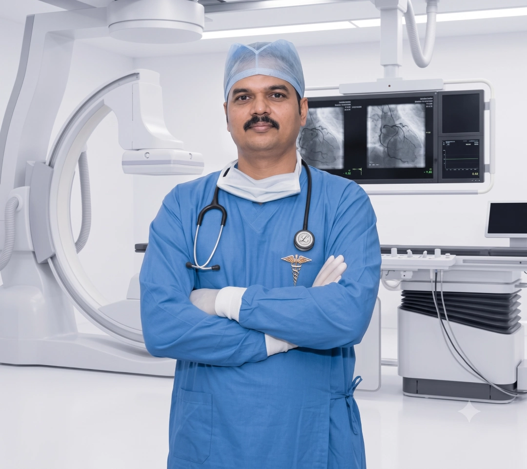 A professional portrait of Dr. Gopal Krishna Rai, a senior interventional cardiologist at Star Hospital in Varanasi, standing with arms crossed in an advanced Cardiac Cath Lab with angiography equipment visible in the background[cite: 2, 18].
