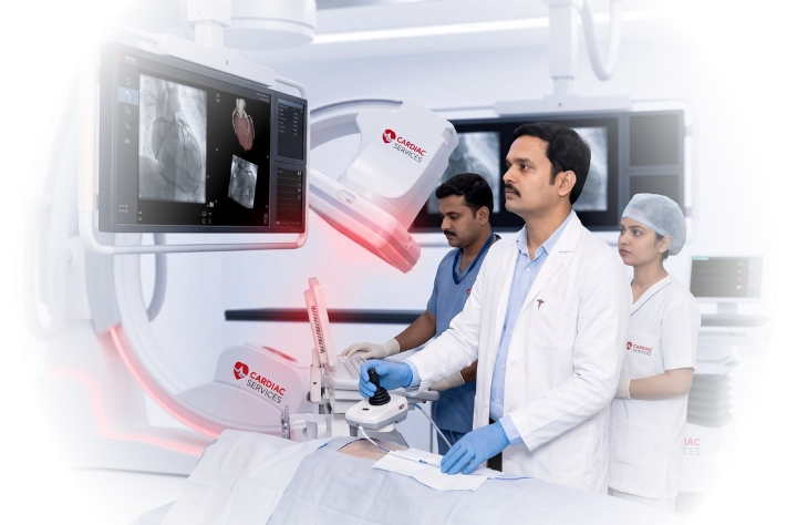 A male doctor in a white coat manipulates a robotic interface in an advanced, modern catheterization laboratory, while a technician and a nurse observe, surrounded by complex imaging equipment.
